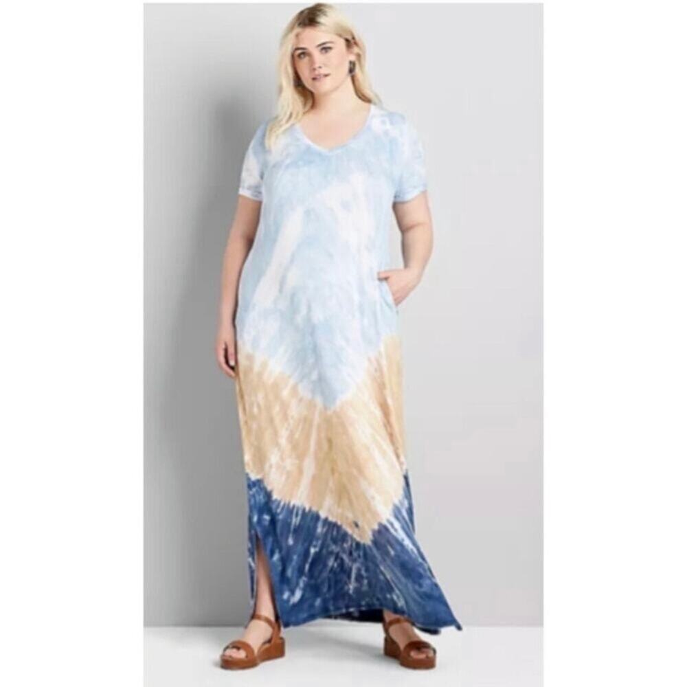 Lane Bryant Blue&Brown Tie Dye Short Sleeve Maxi Dress Sz.22/24W